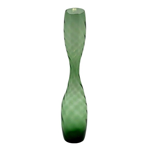 Glass Bud Vase Olive Green 10” Swirl Spiral Textured Hand Blown Vintage Beauty - Picture 1 of 7